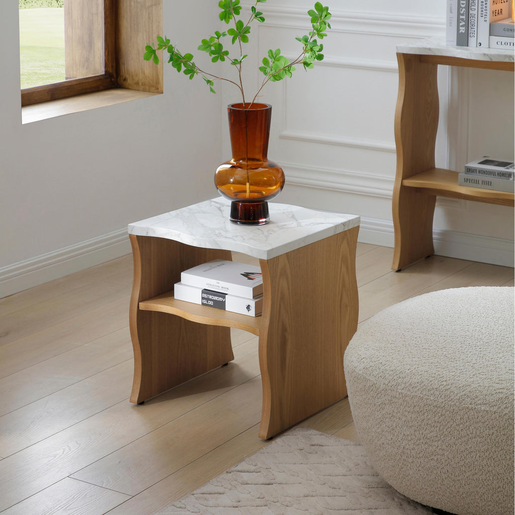 17.72' Whisper of Waves Modern End Table w/ Storage Shelf, Faux Marble Table w/ Solid Wood Veneered Table Base, Bedroom Nightstand, Accent Side Table for Living Room Apartment, Natural Wood Color.