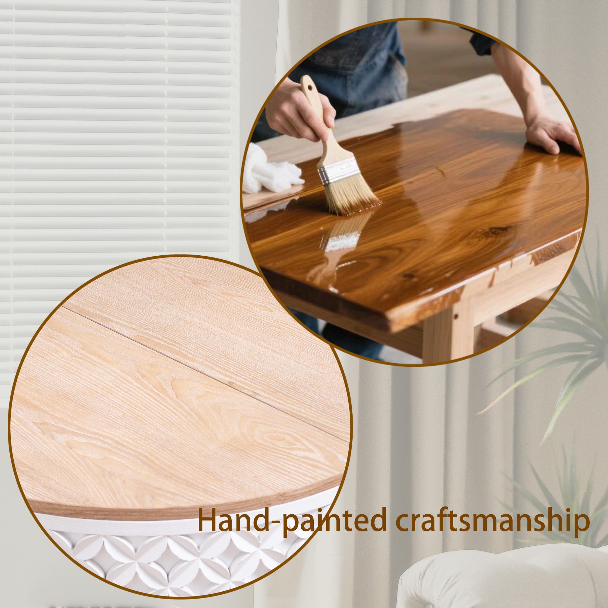 Close-up of hand-painted craftsmanship on the natural wood top of a round coffee table with white carved base, showcasing artisanal detail.