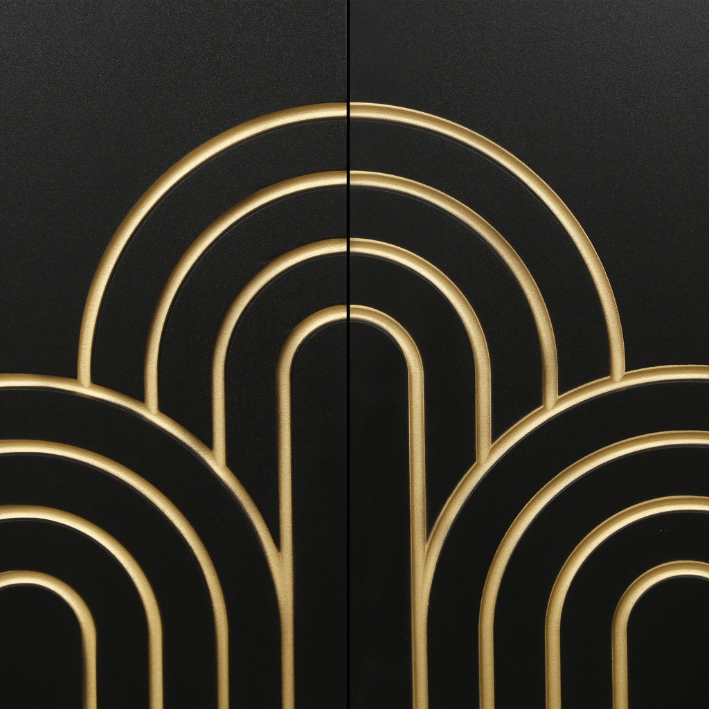 Modern Fluted Sideboard Buffet with Storage, Curve Element with Strict Lines, Black MDF 4-Door Cabinet