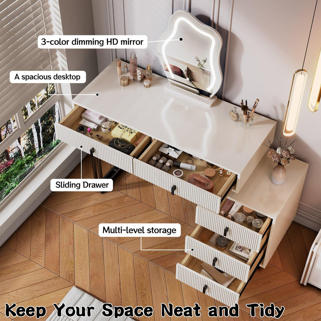 Adjustable Length Vanity with LED Mirror - Modern Makeup Table.
