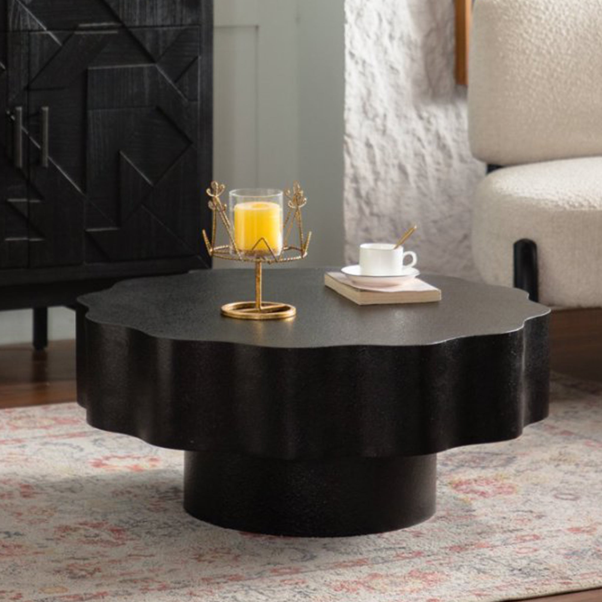 Scalloped Black MDF Round Coffee Table with Unique Wave-Edge Design
