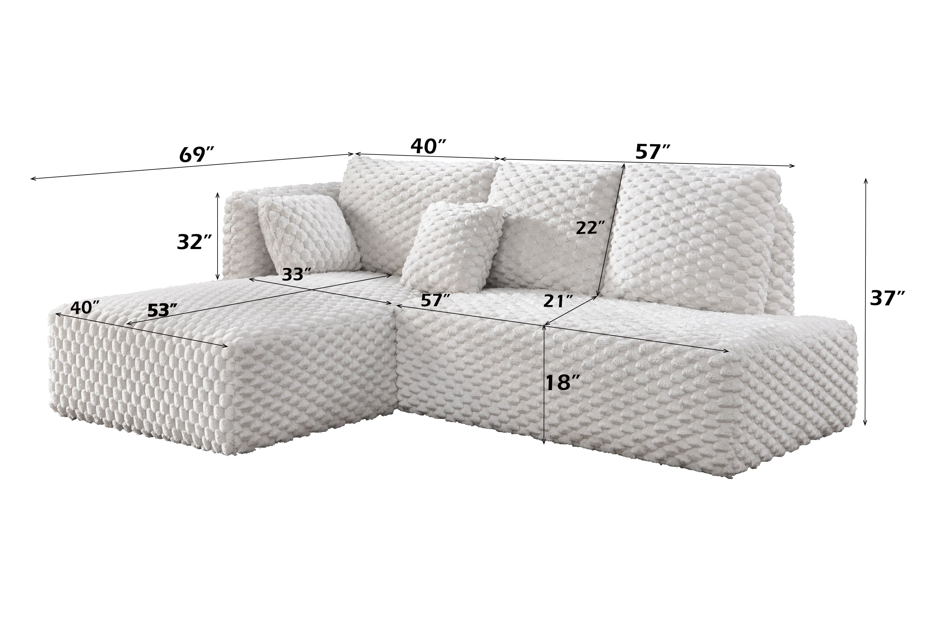 Ivory Corduroy Sectional Sofa with detailed dimensions, showcasing its compact L-shape and plush seating for small living spaces.