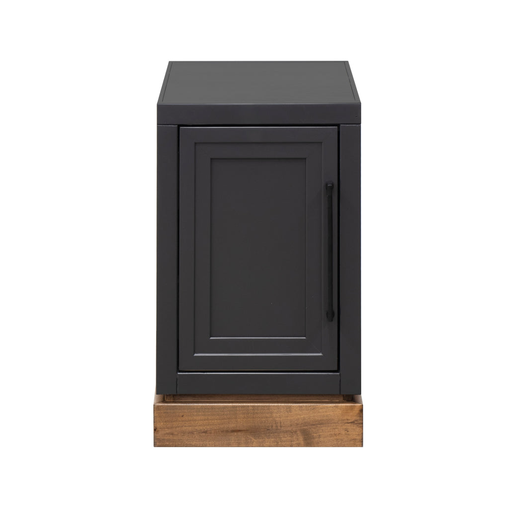 Front view of Nora Chairside Table - Black Whiskey Finish with paneled door and wooden base, perfect for small space storage.