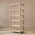 Tall, open-frame bookcase in light natural cerused pine with five shelves in a clean, minimalist wood design.