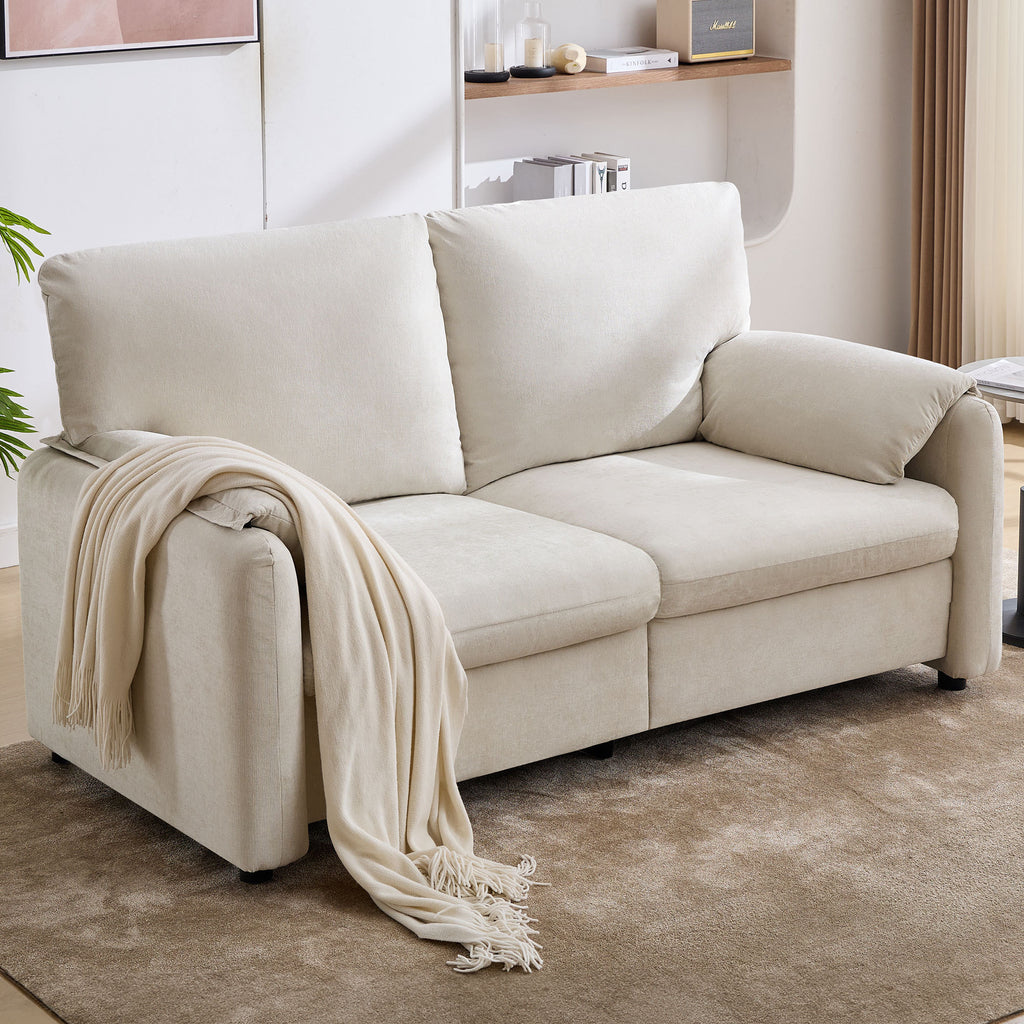 Beige Chenille 2-Seater Minimalist Down Filled Sofa, 71-Inch