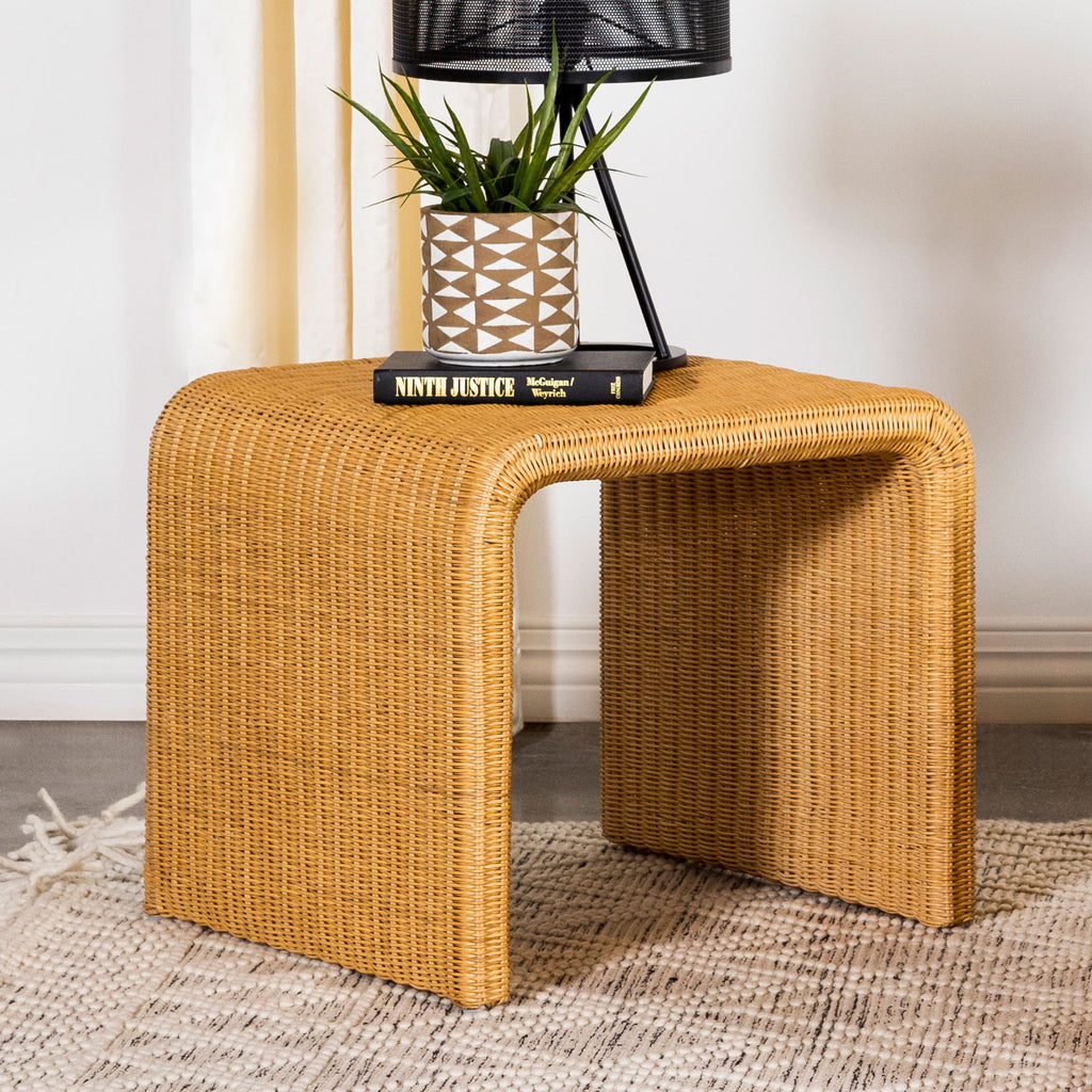 Natural Square Woven Rattan End Table styled with a lamp and books, perfect for cozy bohemian or modern interiors.