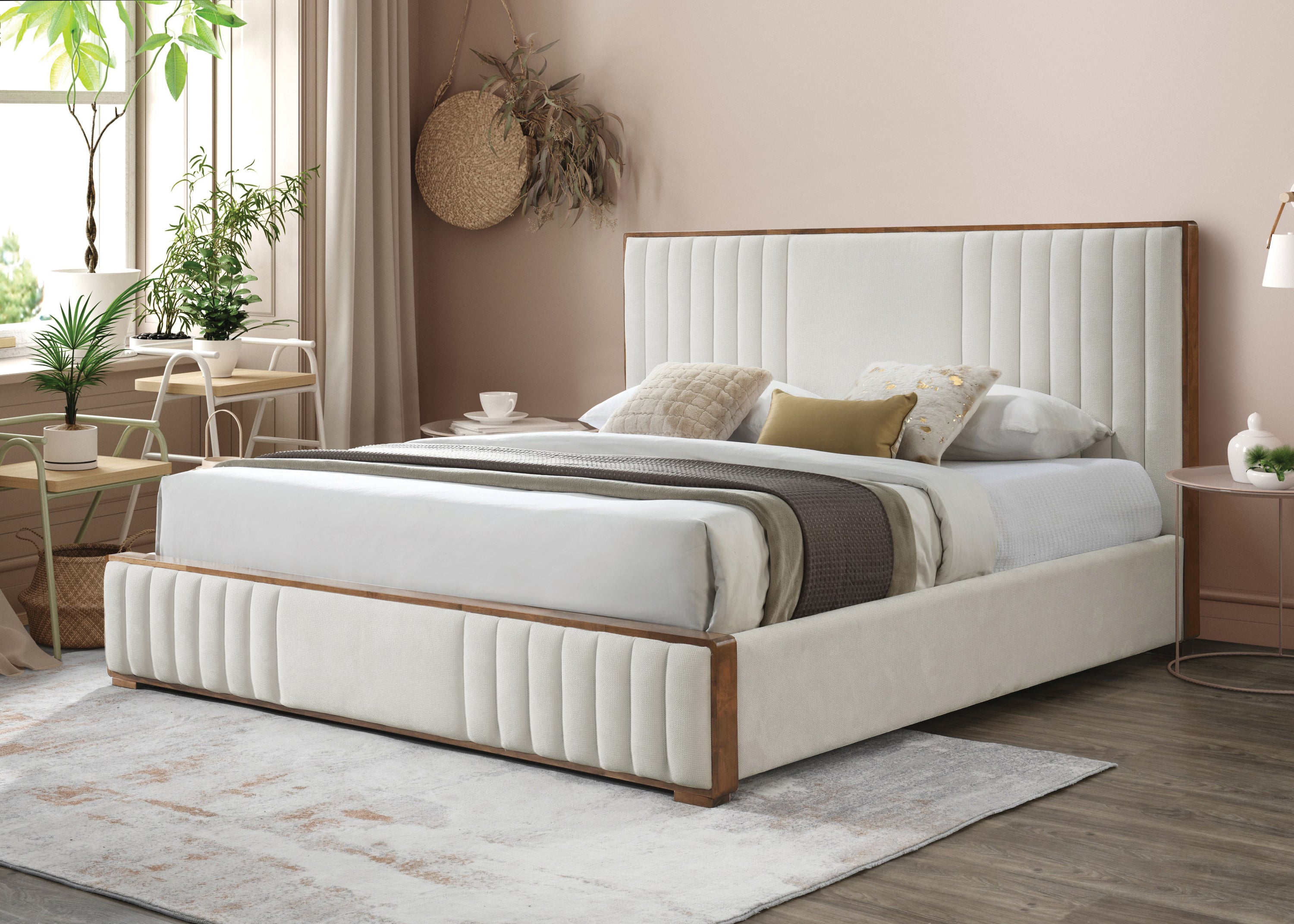 Kaleea Beige Chenille Channel Tufted Eastern King Bed with Wood Frame