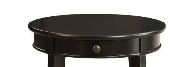 Close-up of Alysa Black Accent Table's round tabletop and drawer with knob, showcasing its smooth black wood finish and classic style.
