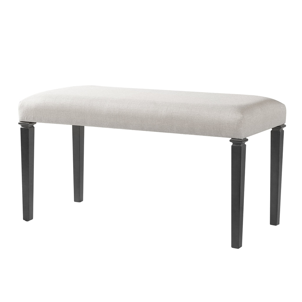 Angled view of retro dining bench with upholstered seat and sturdy black legs, ideal for compact dining spaces and gatherings.