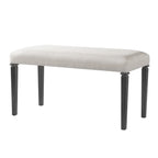 Angled view of retro dining bench with upholstered seat and sturdy black legs, ideal for compact dining spaces and gatherings.