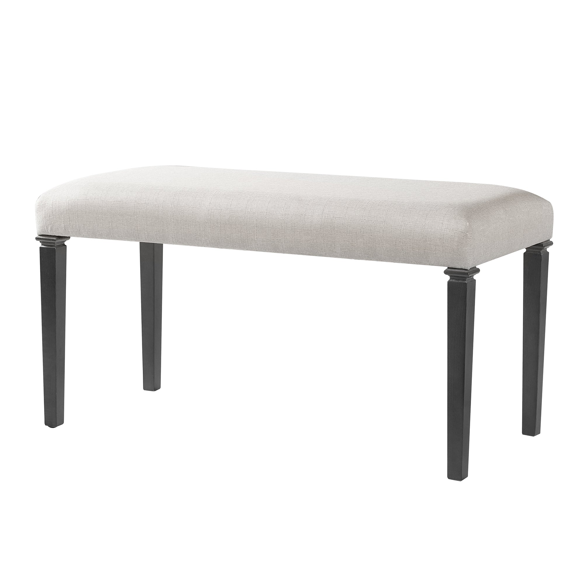 Angled view of retro dining bench with upholstered seat and sturdy black legs, ideal for compact dining spaces and gatherings.