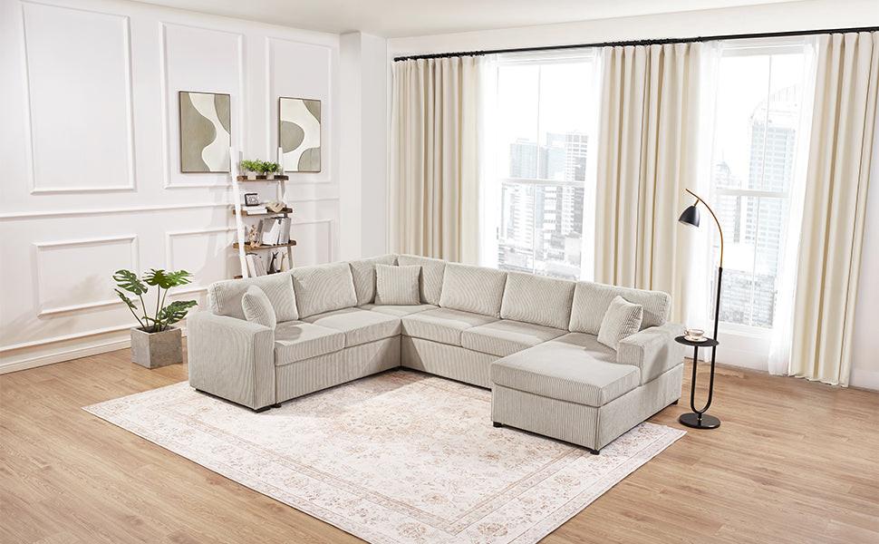 Oversized Sectional Sofa 115.3' U-Shaped Sofa with Chaise Lounge and Three Soft Throw Pillows, Light Gray Corduroy, 115.3' x 90.5'