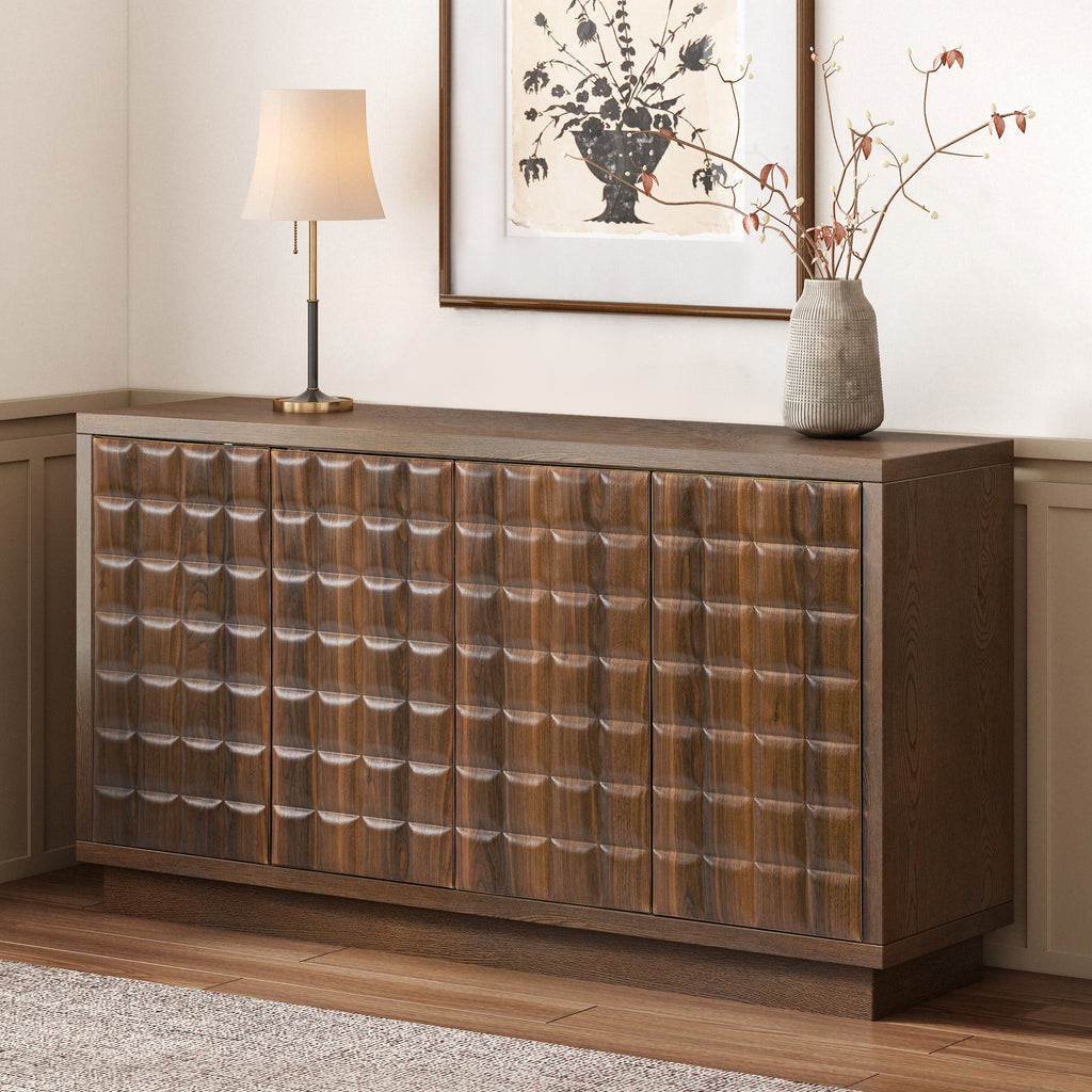 Angled view of 4-door storage cabinet featuring geometric doors and metal trim, ideal for contemporary interiors.