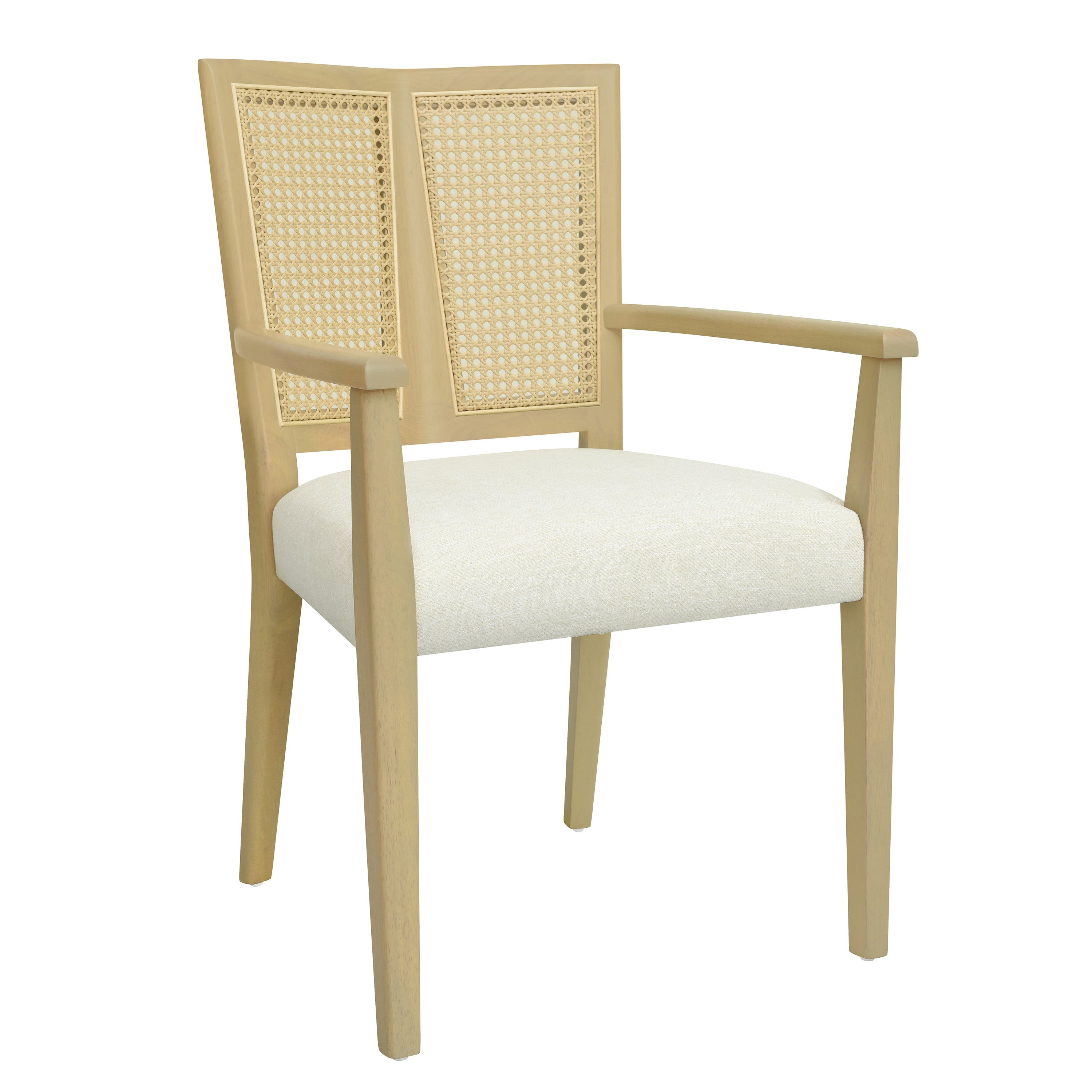 Angled view of mid-century modern dining chair with rattan back and light wood frame, featuring a soft foam seat for comfort.