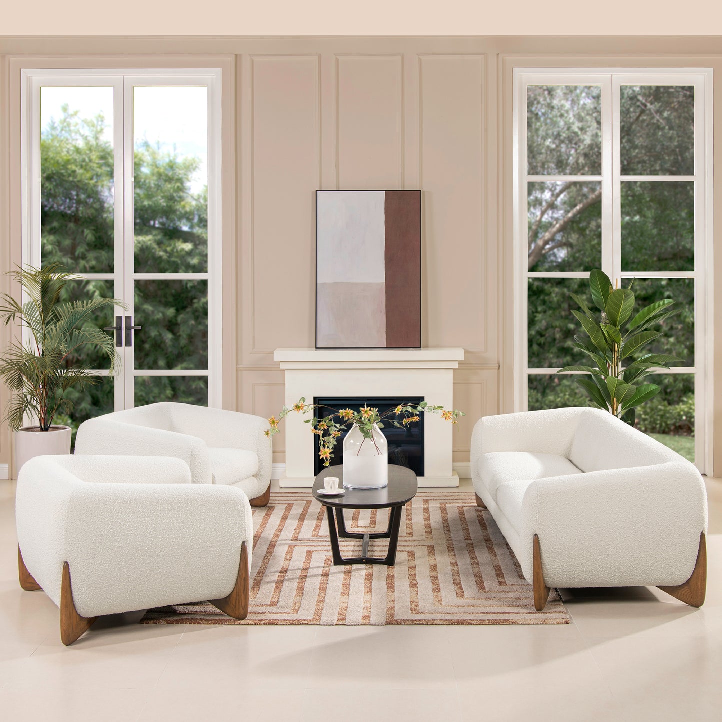 Ivory White Sherpa Arm Chair - Alpine 44' Boucle paired with matching sofa in a contemporary living room setup with neutral tones.