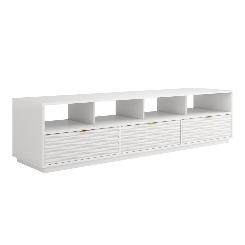 White Coastal Credenza for TVs up to 85 inches with three textured drawers and four open shelves, ideal for modern entertainment setups.