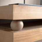 Detail of bead accent between tabletop layers on the Slim Natural Wood Console Table, showcasing its unique design element.