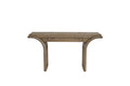 Modern English knotty oak waterfall desk with a central drawer and arched legs, finished in a natural wood tone.