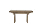 Modern English knotty oak waterfall desk with a central drawer and arched legs, finished in a natural wood tone.