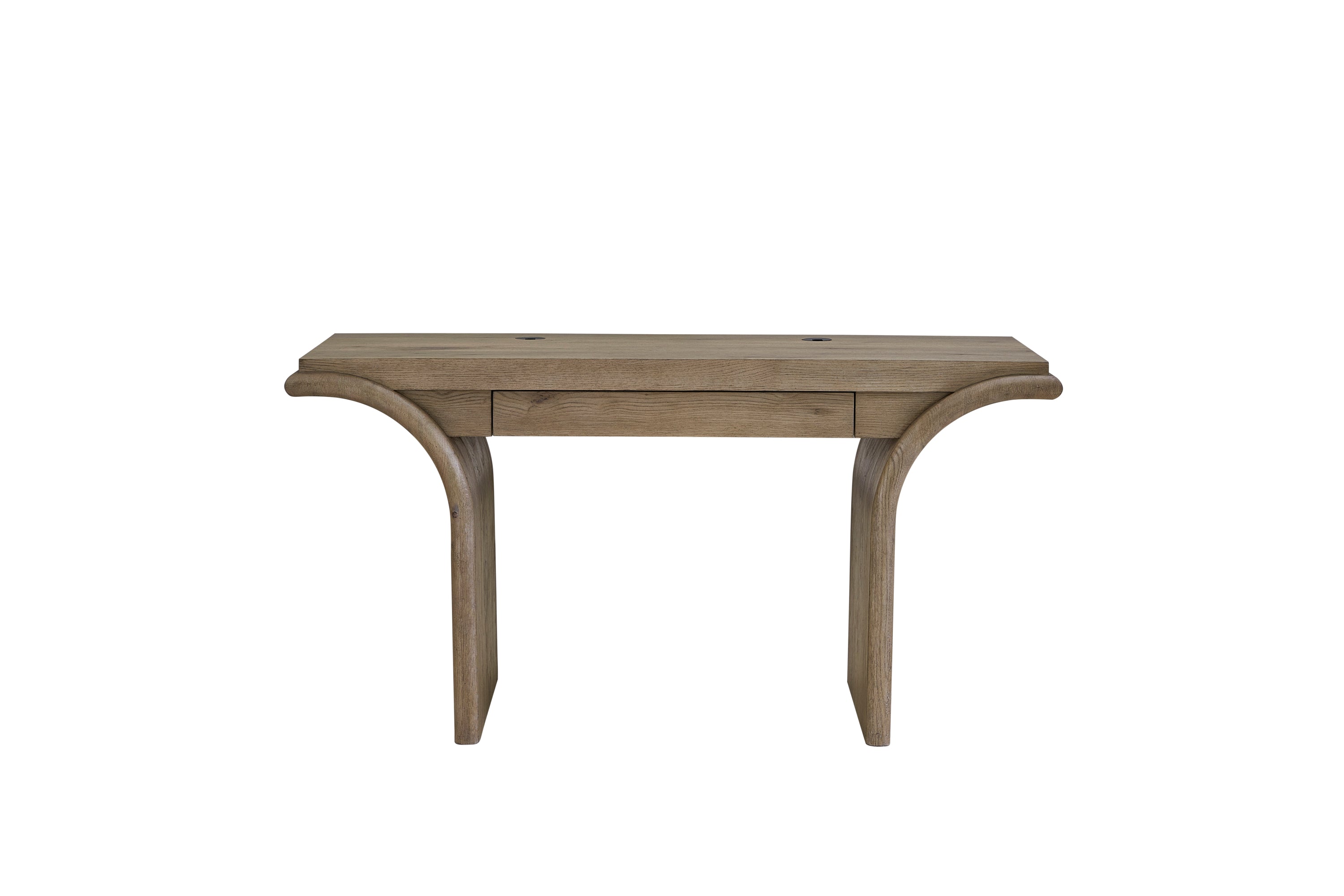 Modern English knotty oak waterfall desk with a central drawer and arched legs, finished in a natural wood tone.