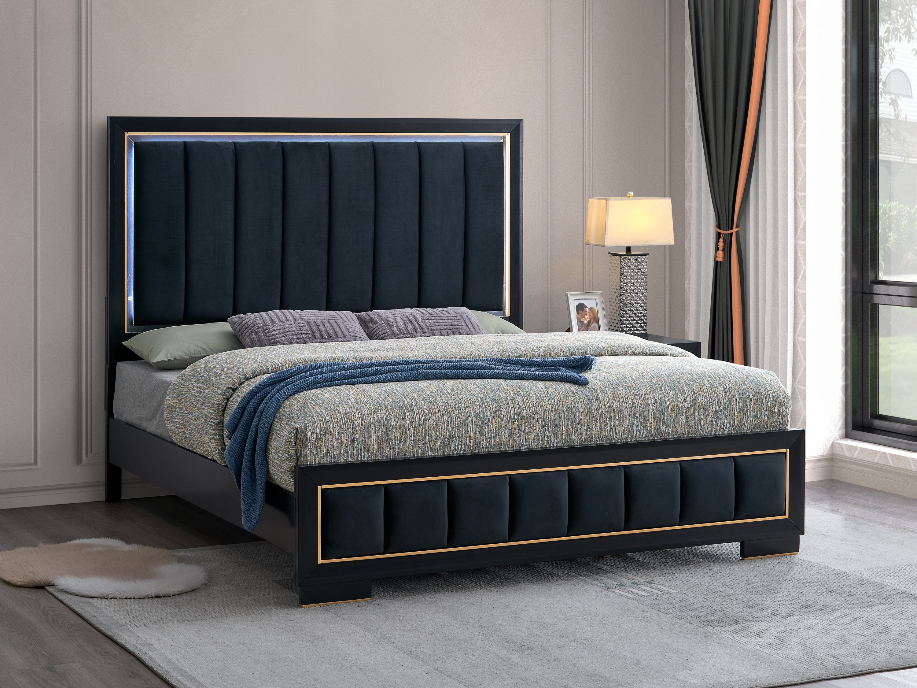 Black Micro Suede King Bed with LED Backlit Headboard and Gold Trim
