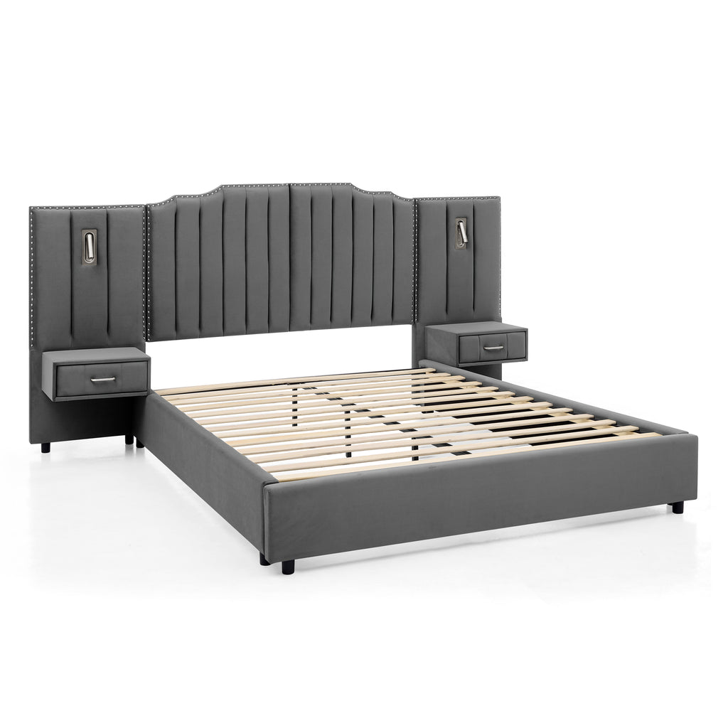 Angled view of upholstered queen bed frame with velvet headboard, slatted support, and built-in nightstands for modern bedrooms.