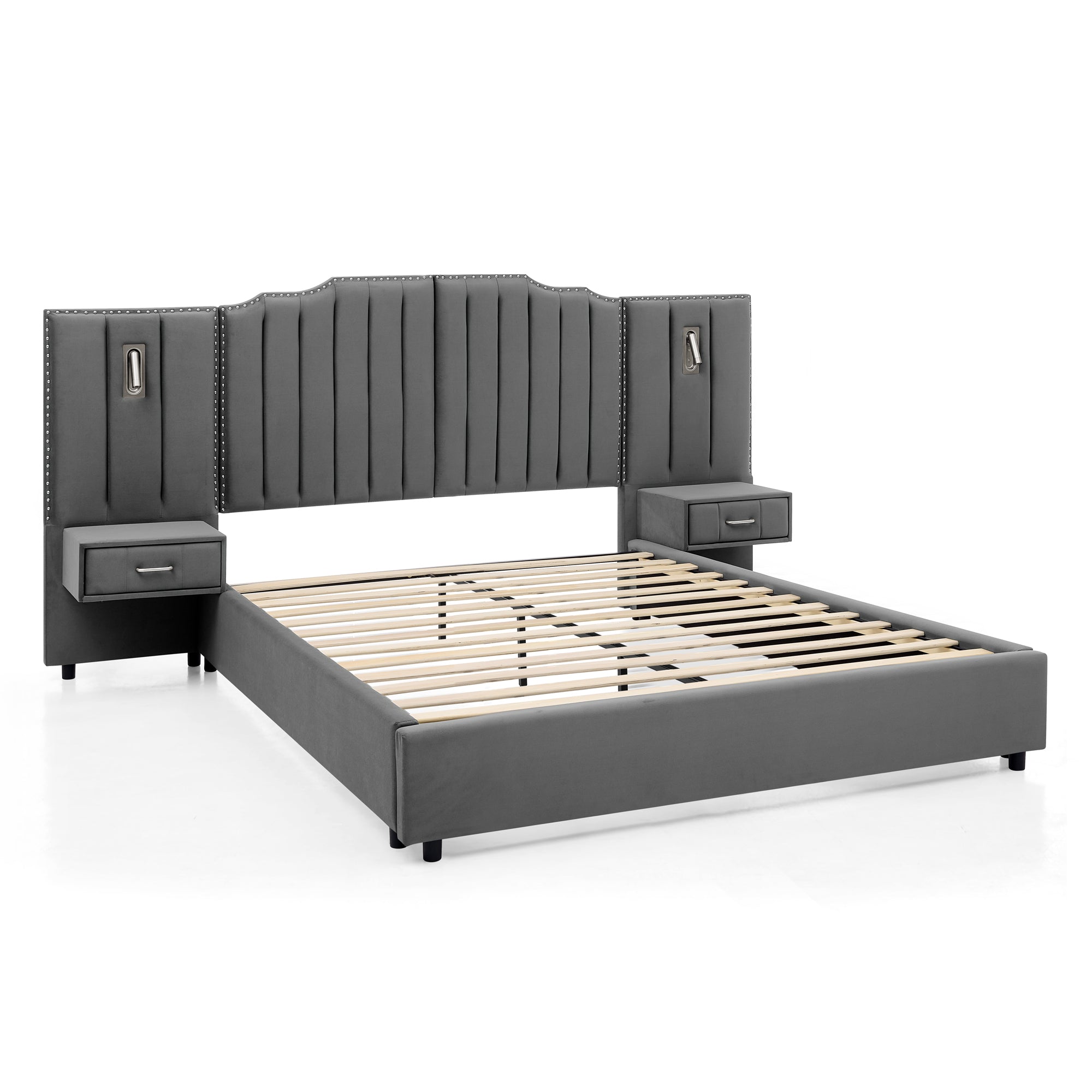 Angled view of upholstered queen bed frame with velvet headboard, slatted support, and built-in nightstands for modern bedrooms.