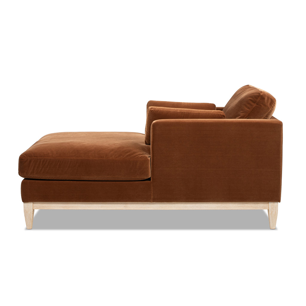 Side profile of Knox 65' burnt orange performance velvet chaise lounge chair showing clean lines and modern farmhouse design.