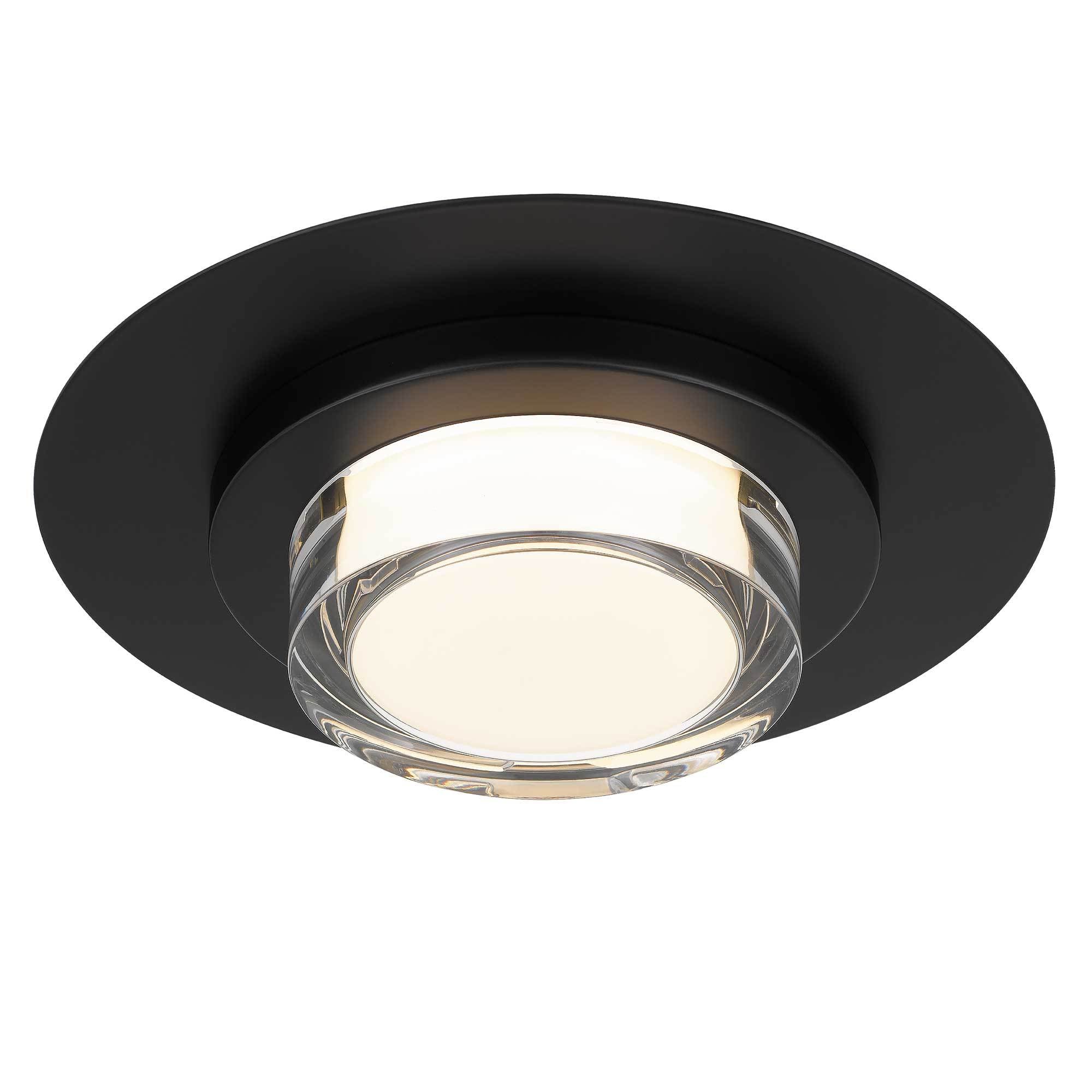 Angled view of 12" Square LED Flush Mount Light in black. Modern ceiling fixture with energy-saving LED and sleek round frame.