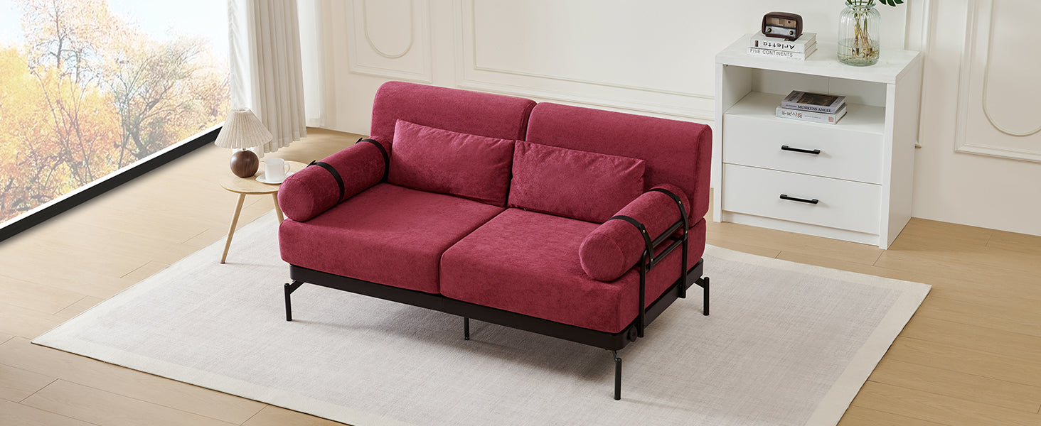 Modern Loveseat Sofa 59' Sofa Couch 2-Seater with USB Ports, Unique Cylindrical Armrests, Red Chenille