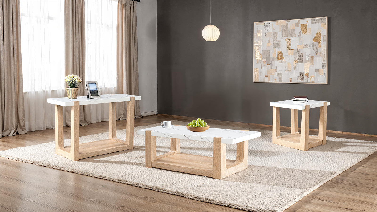 Contemporary living room furniture set featuring faux marble top tables with natural wood bases, including sofa, coffee, and end tables.
