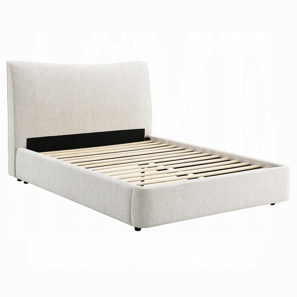Beige chenille full size platform bed with exposed wooden slats, highlighting easy assembly and no box spring requirement.