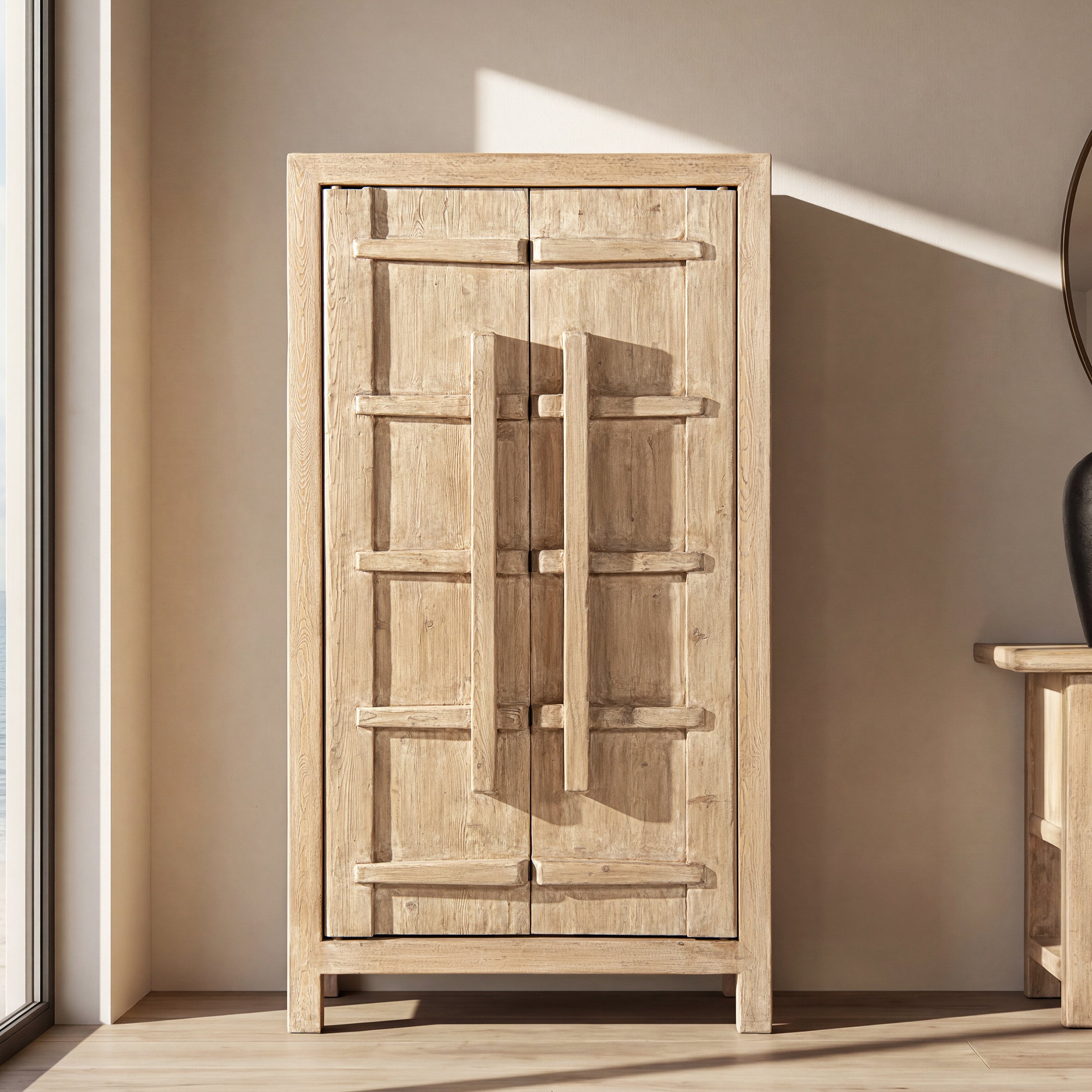 Tall light natural reclaimed pine storage cabinet with double doors and distinctive horizontal crossbar detailing.