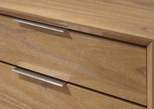 Close-up of Contemporary 6-Drawer Dresser showing natural wood grain texture and brushed metal drawer handles for a modern touch.