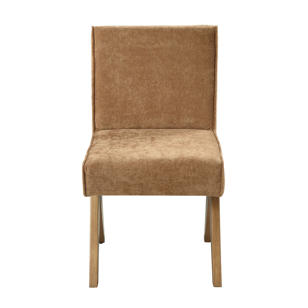 Front view of Chenille & Oak Side Chair showcasing its plush chocolate chenille upholstery and clean, modern design.