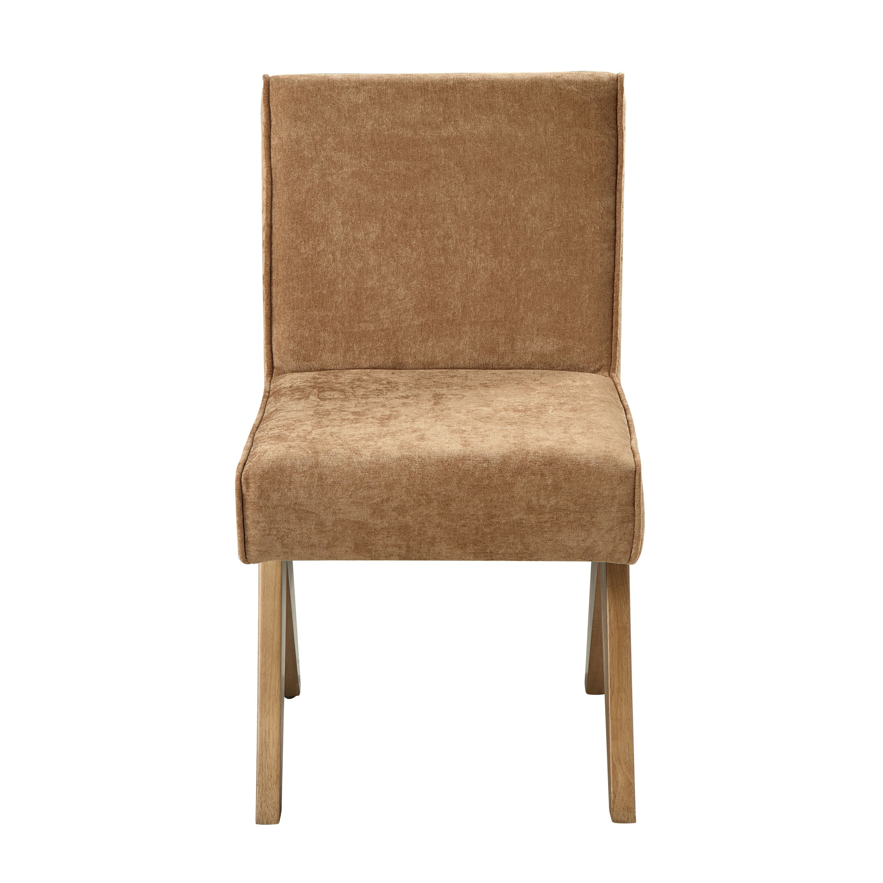 Front view of Chenille & Oak Side Chair showcasing its plush chocolate chenille upholstery and clean, modern design.