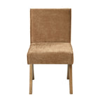 Front view of chocolate chenille upholstered dining chair with padded seat and back. Included in the 8-piece light oak dining set.