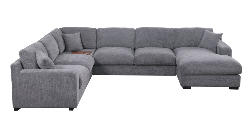 Chenille sectional sofa in light gray with chaise and tech features like USB ports. Removable cushions and sleek design for modern homes.