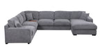 Chenille sectional sofa in light gray with chaise and tech features like USB ports. Removable cushions and sleek design for modern homes.
