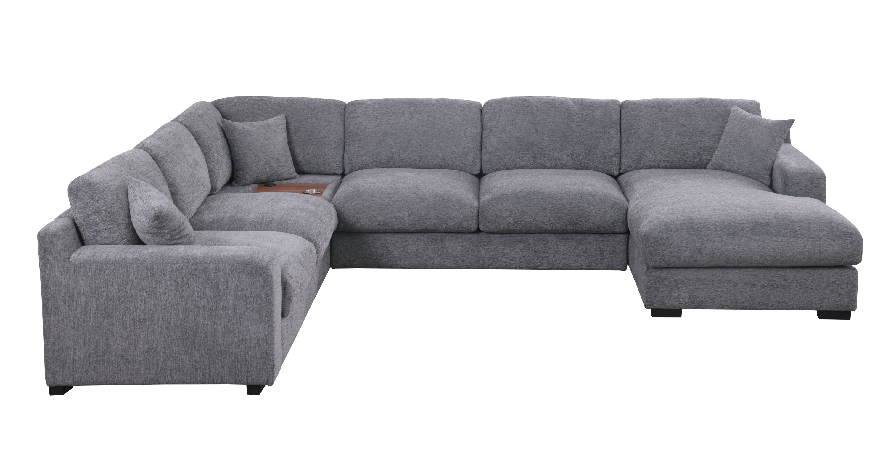 Chenille sectional sofa in light gray with chaise and tech features like USB ports. Removable cushions and sleek design for modern homes.