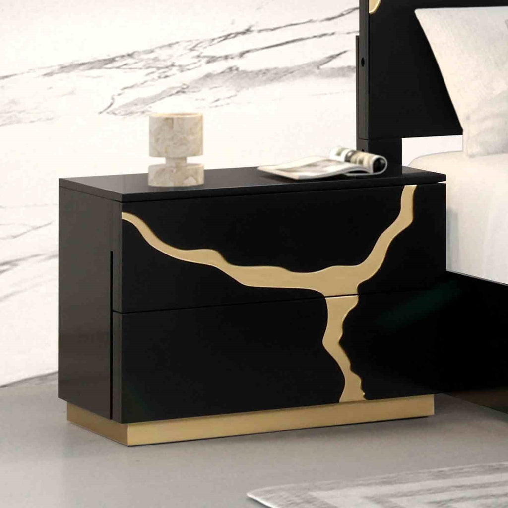 Contemporary black nightstand with two drawers, featuring a striking gold decorative inlay and a gold base.
