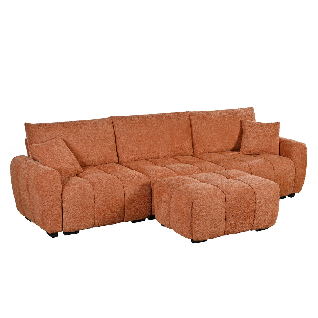 Modular sectional sofa with ottoman in boucle fabric arranged with ottoman in center, ideal for versatile living room layouts.