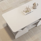 Close-up of coffee table top with decorative tray and book. Engineered wood design with hidden lower storage compartments.