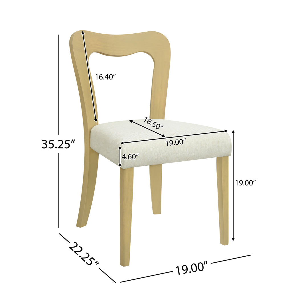 Contemporary dining chair with dimensions labeled, showing seat height, width, and overall chair measurements for accurate fit.