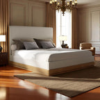 Zoey Beige Fabric Oak Queen Bed.