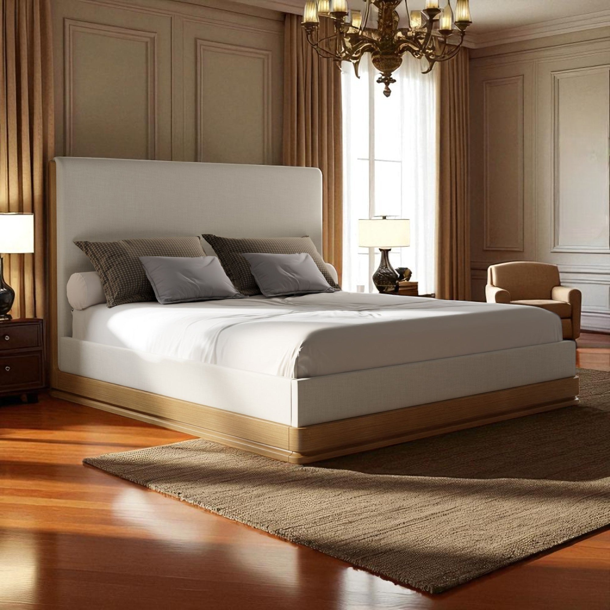 Zoey Beige Fabric Oak Queen Bed in elegant room with chandelier, showcasing beige fabric upholstery and sturdy oak frame for high weight capacity.