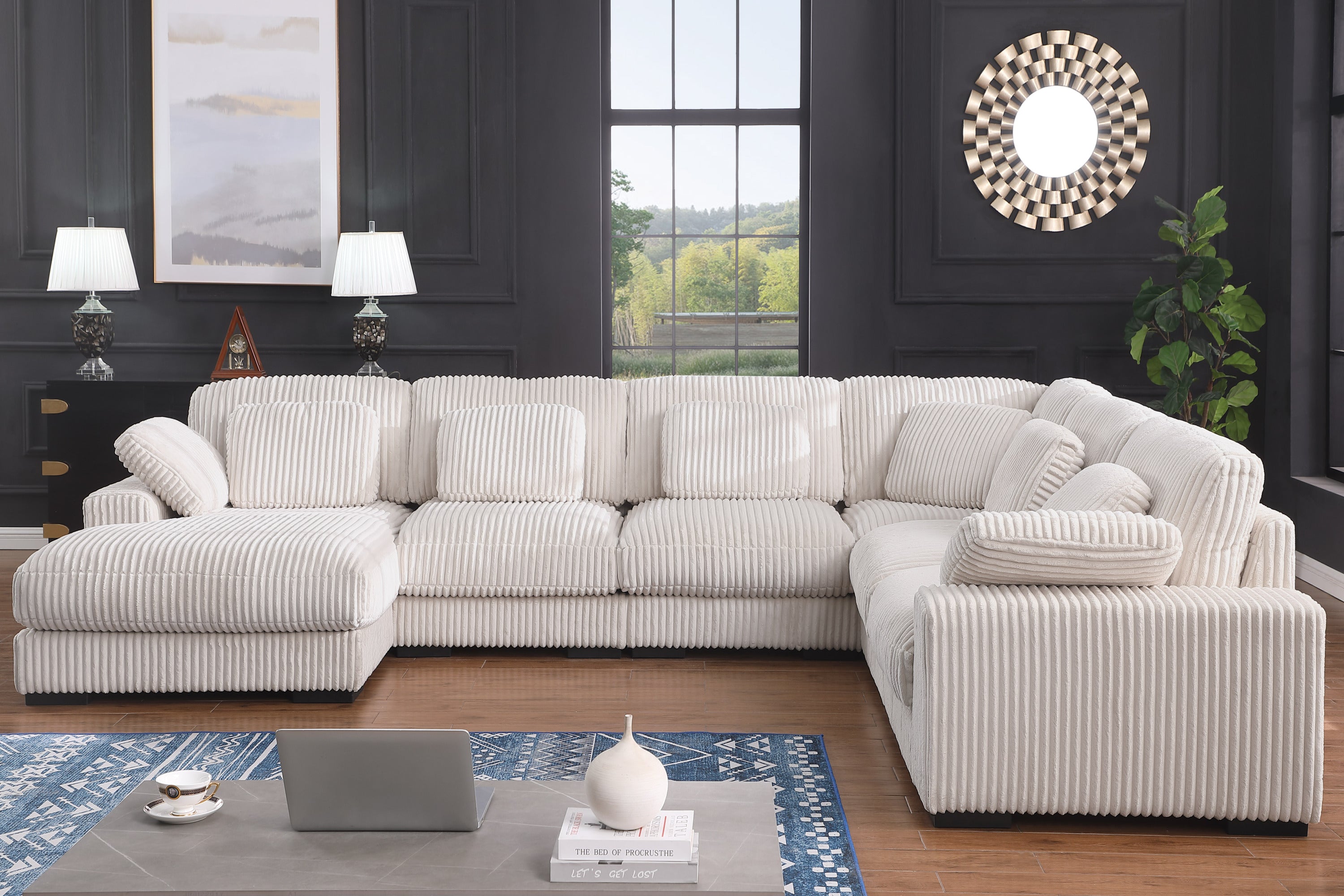 Front view of Beige Corduroy Corner Sofa - Modular Left Chaise with six seats and soft cushions, ideal for large living spaces.