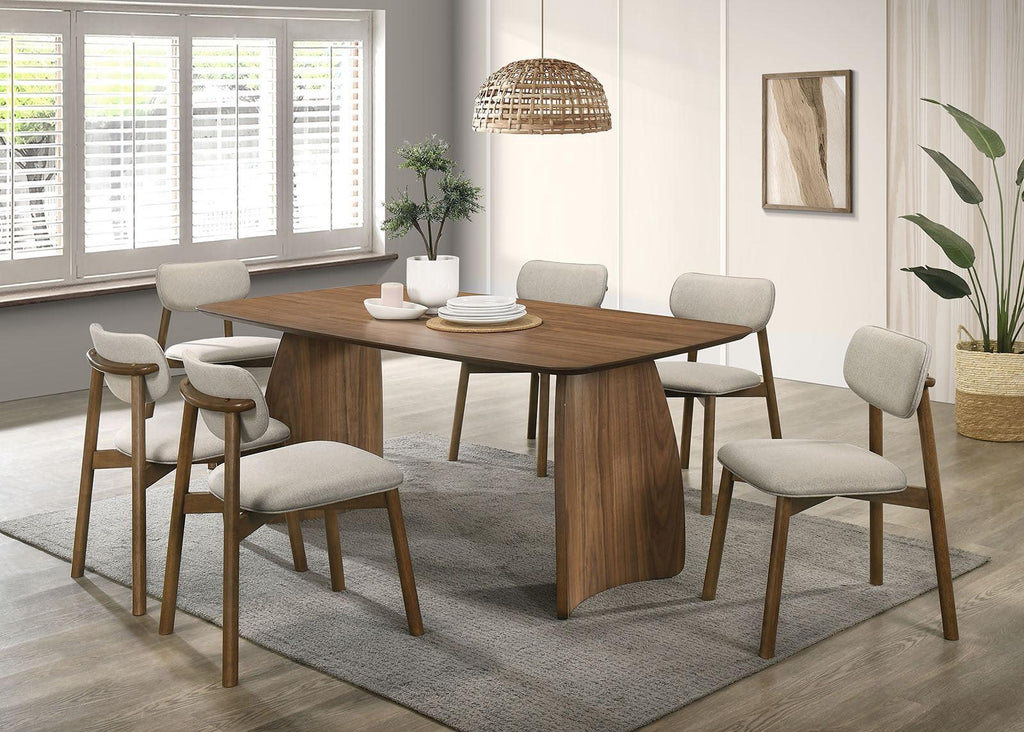 Mid-Century Modern Side Chair Set in Walnut and Beige.
