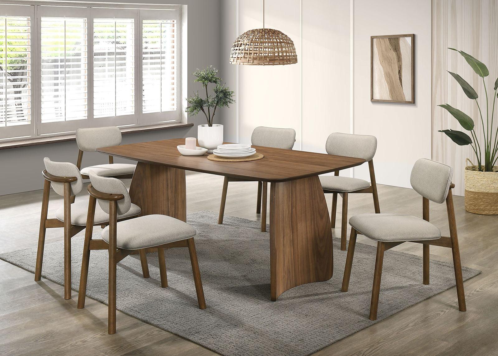Mid-Century Modern Side Chair Set in Walnut and Beige.