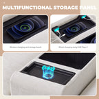 Multifunctional storage panel in sectional sofa with wireless and wired charging options, perfect for tech-friendly living spaces.